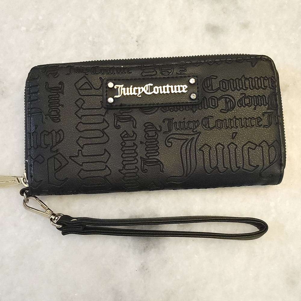 Juicy Couture Wallet Womens Zip Around Clutch Purse Organizer Embossed Black